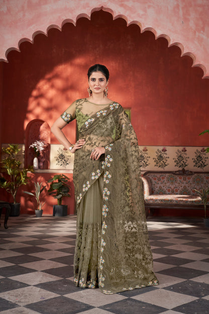 Chain-Stitch Floral Net Saree