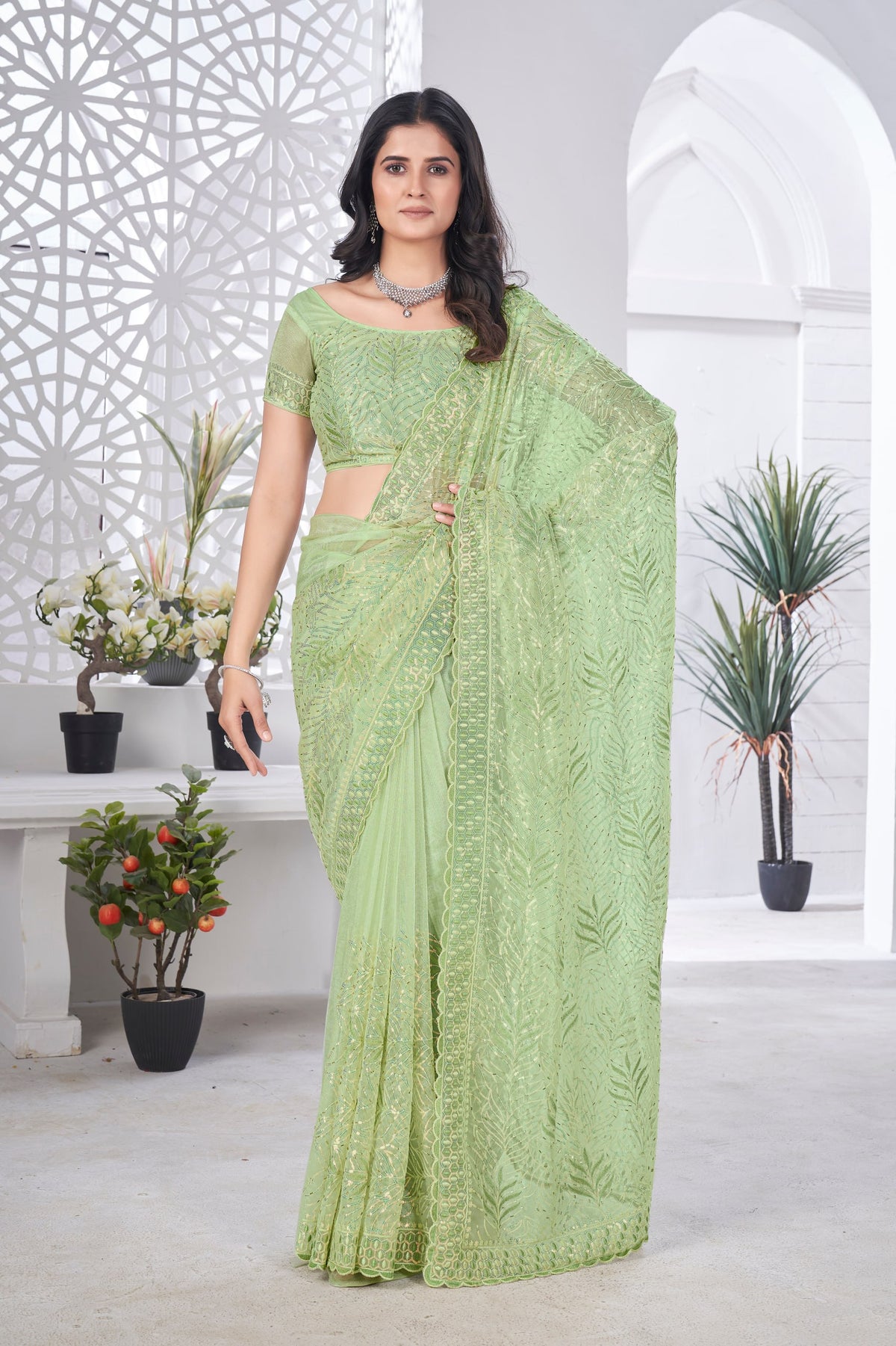 Sequin Leaf Embroidered Saree
