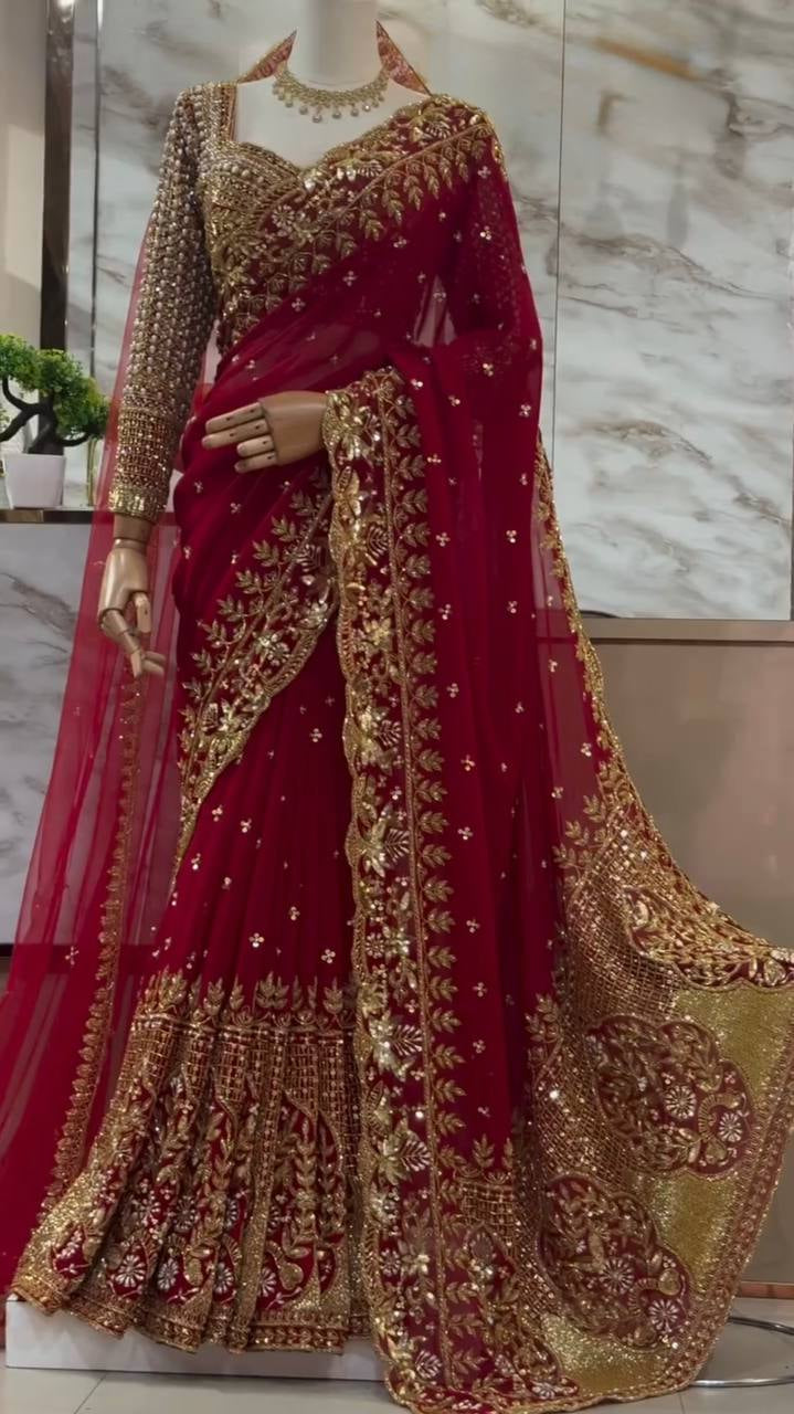 Crimson Zari Sequin Saree with dupatta