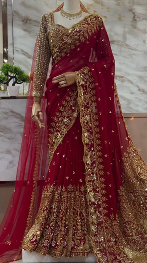 Crimson Zari Sequin Saree with dupatta