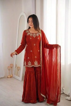 Elegant Fendy Silk Sharara Suit with Zarkan Work for Festive and Wedding Wear