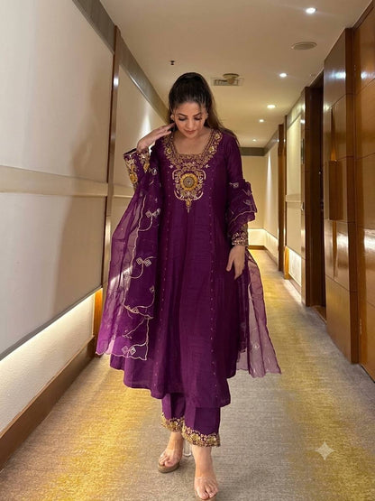 Wine Zari Sequin Anarkali Suit
