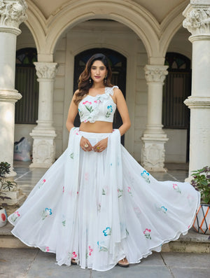 Hand Painted Floral Georgette Lehenga Set for Festive and Party Wear