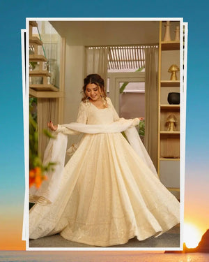 Off White Georgette Anarkali Gown Set for Wedding and Festive Wear