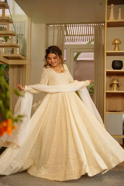 Off White Georgette Anarkali Gown Set for Wedding and Festive Wear