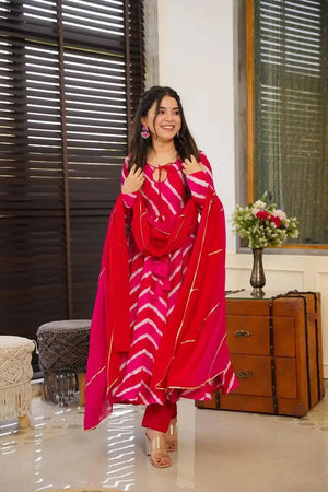 Red-Pink Organza Taby Silk Printed Anarkali Set with Dupatta