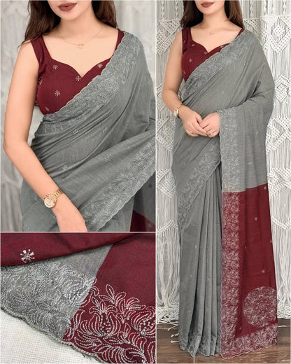 Contrast Cutwork Cotton Saree