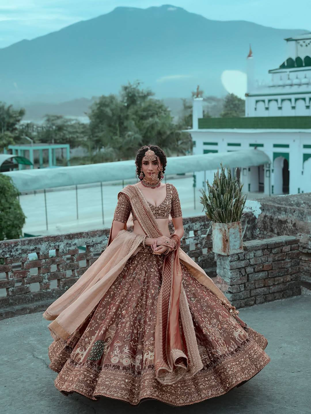 Rust Shikargah Dori Lehenga