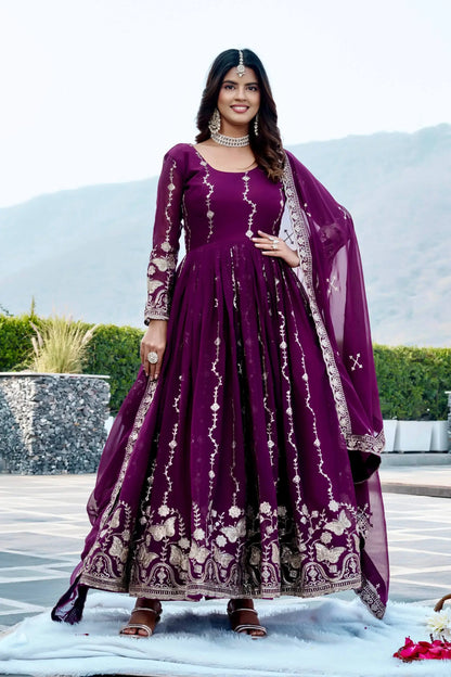 Designer Fox Georgette Embroidered Gown Set for Festive and Wedding Wear