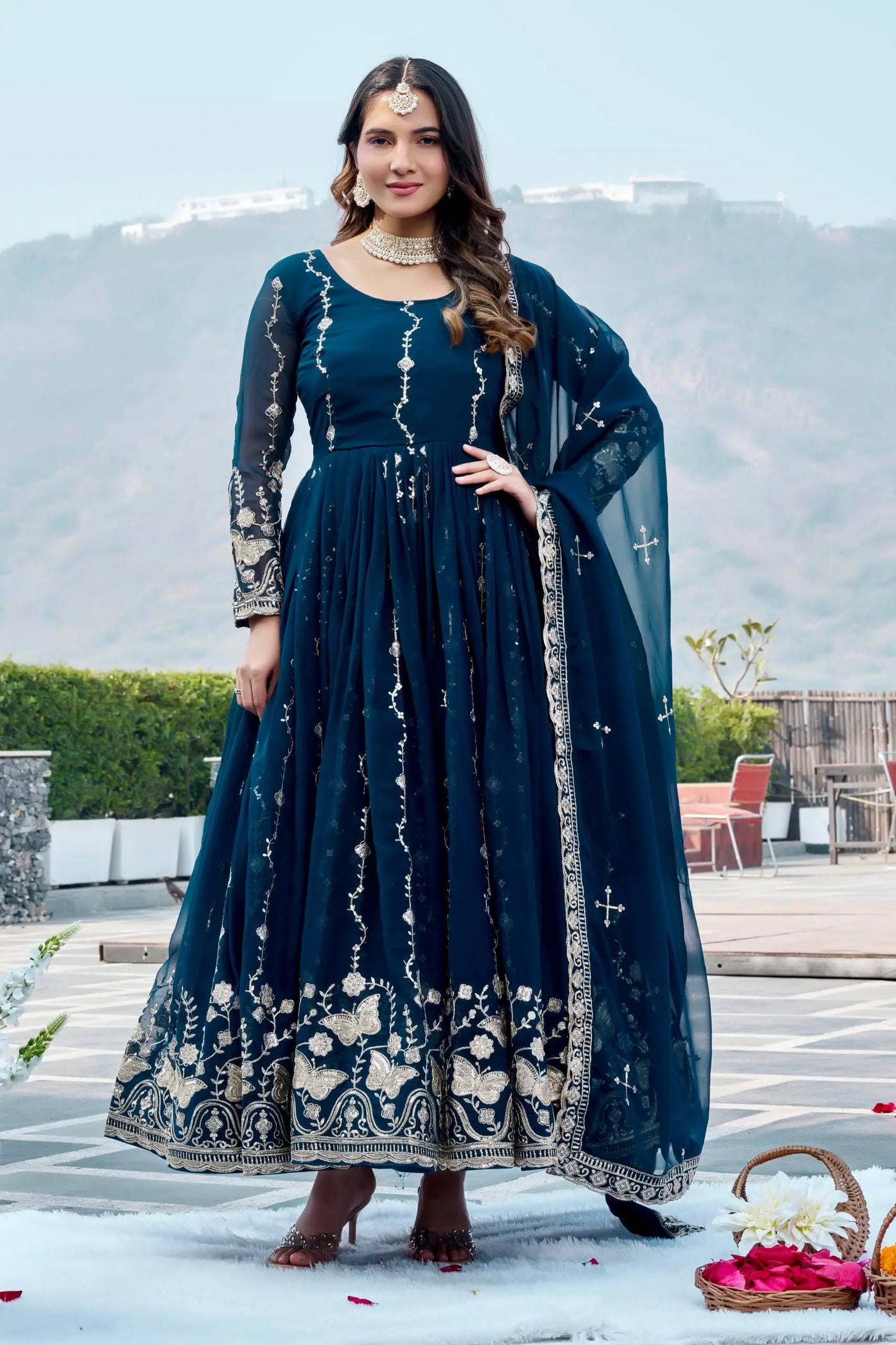 Designer Fox Georgette Embroidered Gown Set for Festive and Wedding Wear