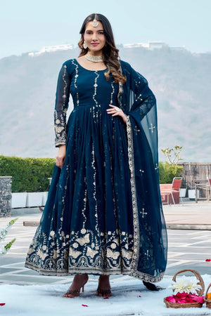 Designer Fox Georgette Embroidered Gown Set for Festive and Wedding Wear