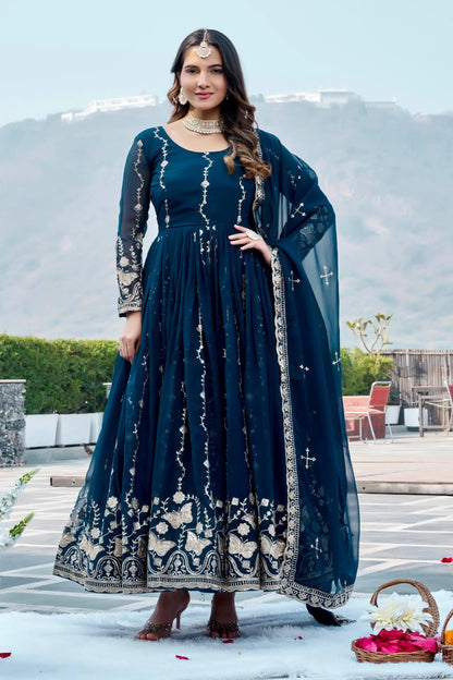 Designer Fox Georgette Embroidered Gown Set for Festive and Wedding Wear