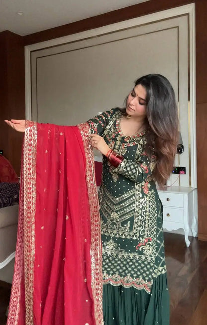 Faux Georgette Heavy Embroidered Sharara Set for Wedding and Festive Wear