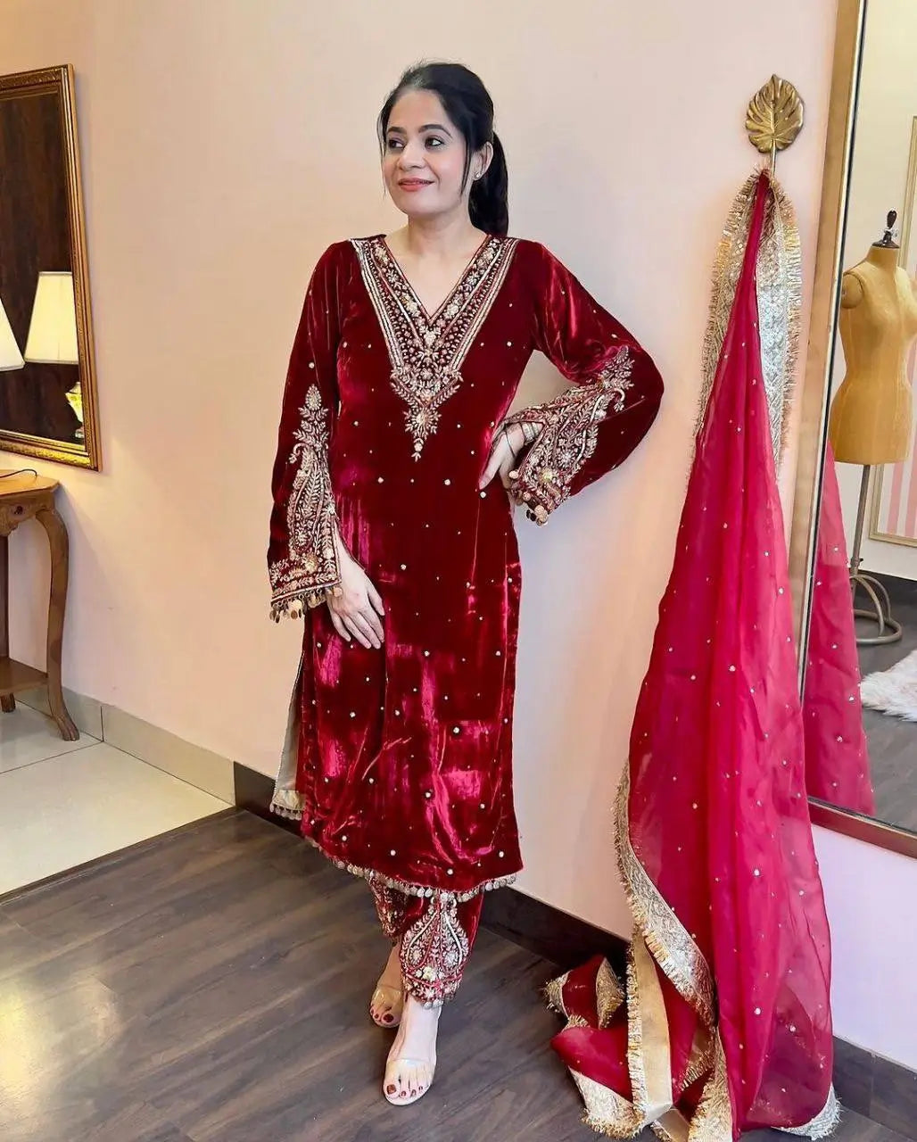 Viscose Velvet Embroidered Suit Set
