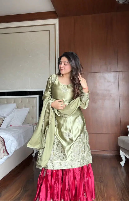 Moss Satin Embroidered Sharara Suit Set for Festive and Wedding Wear