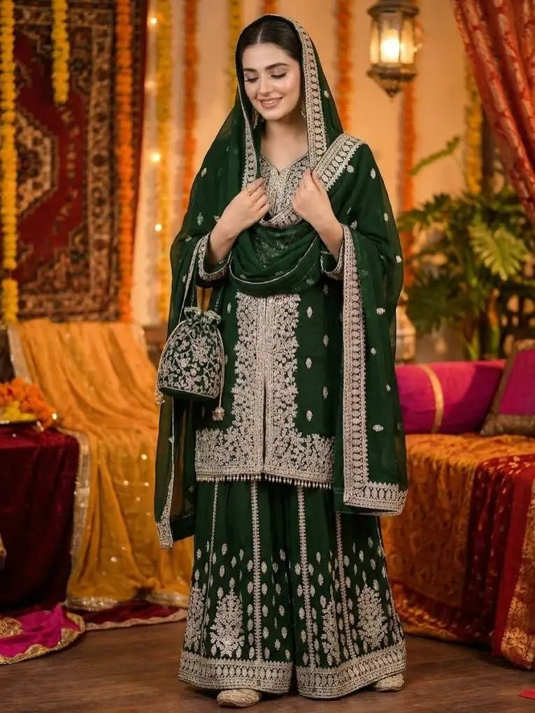 Designer Faux Georgette Chinon Sequins Sharara Set for Festive and Wedding Wear