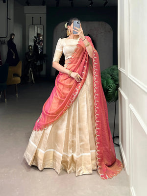 Jacquard Chex Zari Weaving Lehenga Set with Dupatta