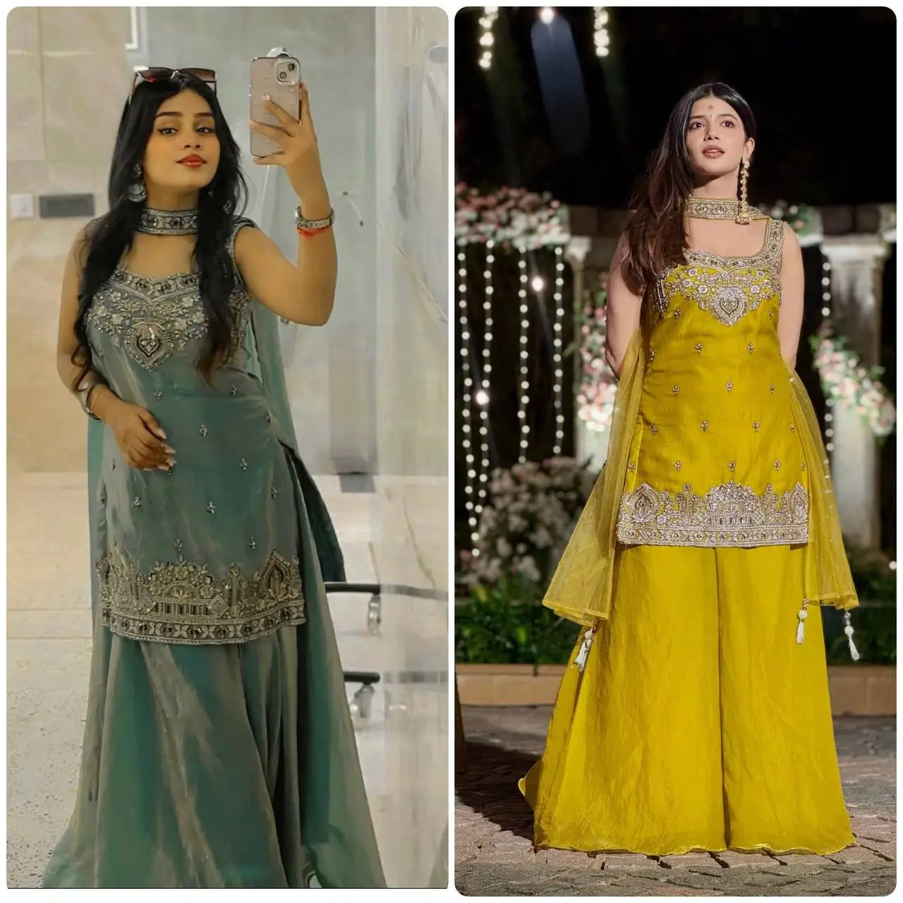 Heavy Two Tone Fandy Silk Embroidered Sharara Set