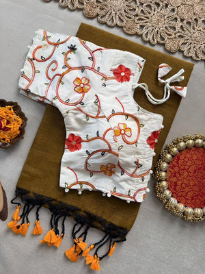 Khadi Cotton Saree with Embroidered Aura Cotton Blouse