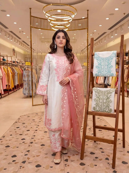 White Roman Glass Embroidery Suit with Dupatta