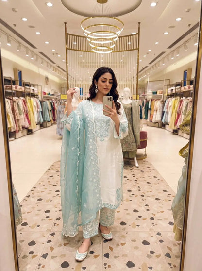 White Roman Glass Embroidery Suit with Dupatta