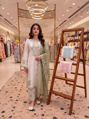 White Roman Glass Embroidery Suit with Dupatta
