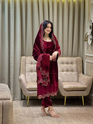 Embroidered Velvet Suit Set