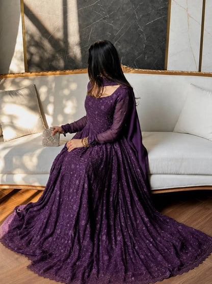 Chikankari Star Georgette Gown with GPO Lace Border