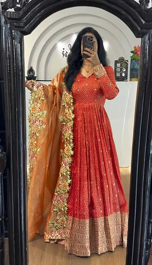 Designer Chinon Silk Embroidered Gown Set