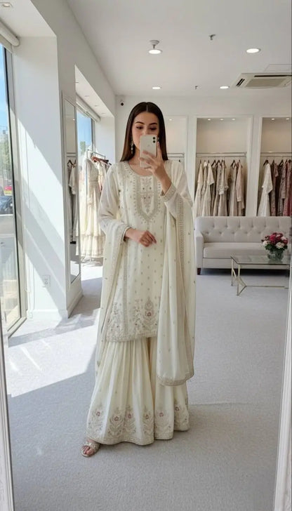 Embroidered Chinon Silk Kurti Plazzo Set