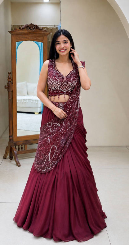Wine Sequin Draped Pallu Lehenga