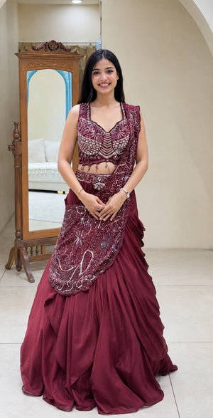 Wine Sequin Draped Pallu Lehenga