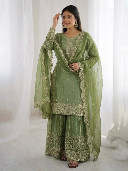 Designer Chinon Silk Embroidered Sharara Set