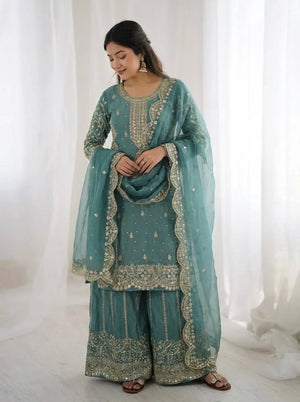 Designer Chinon Silk Embroidered Sharara Set