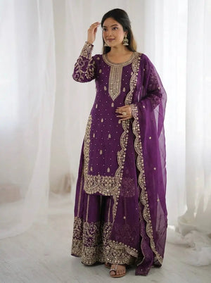 Designer Chinon Silk Embroidered Sharara Set