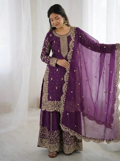 Designer Chinon Silk Embroidered Sharara Set