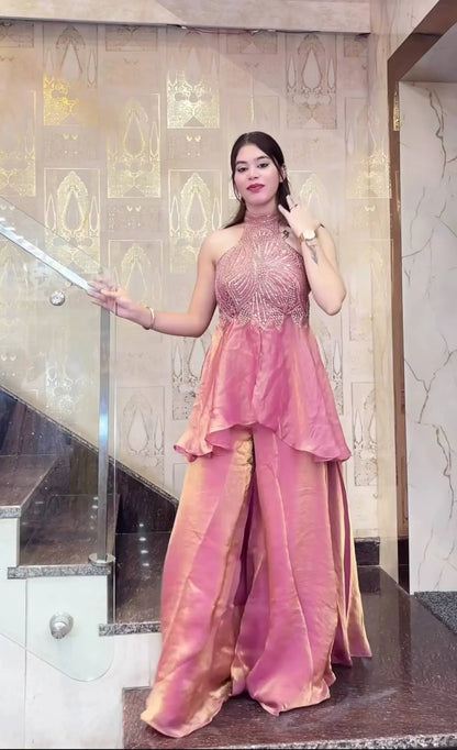 Heavy Fandy Silk Full Neck Top with Sharara Palazzo Set for special occasions