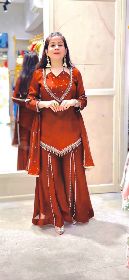Maroon Mirror Work Palazzo Set