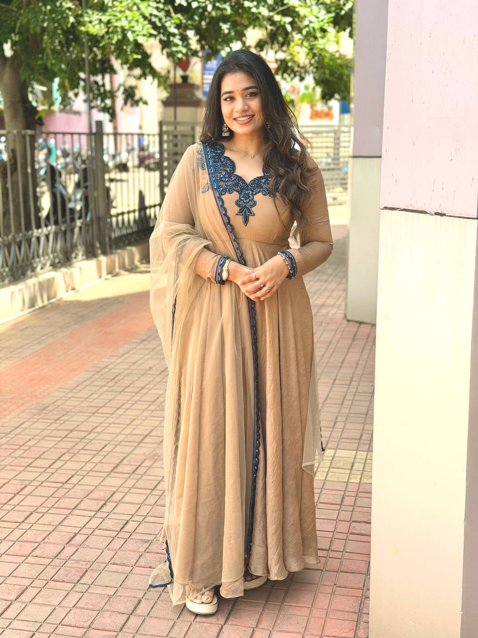 Beige Navy Applique Gown