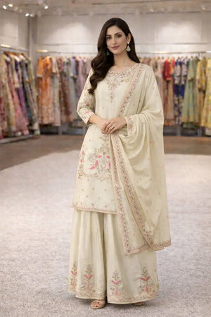 Premium Chinon Silk Embroidered Palazzo Suit Set