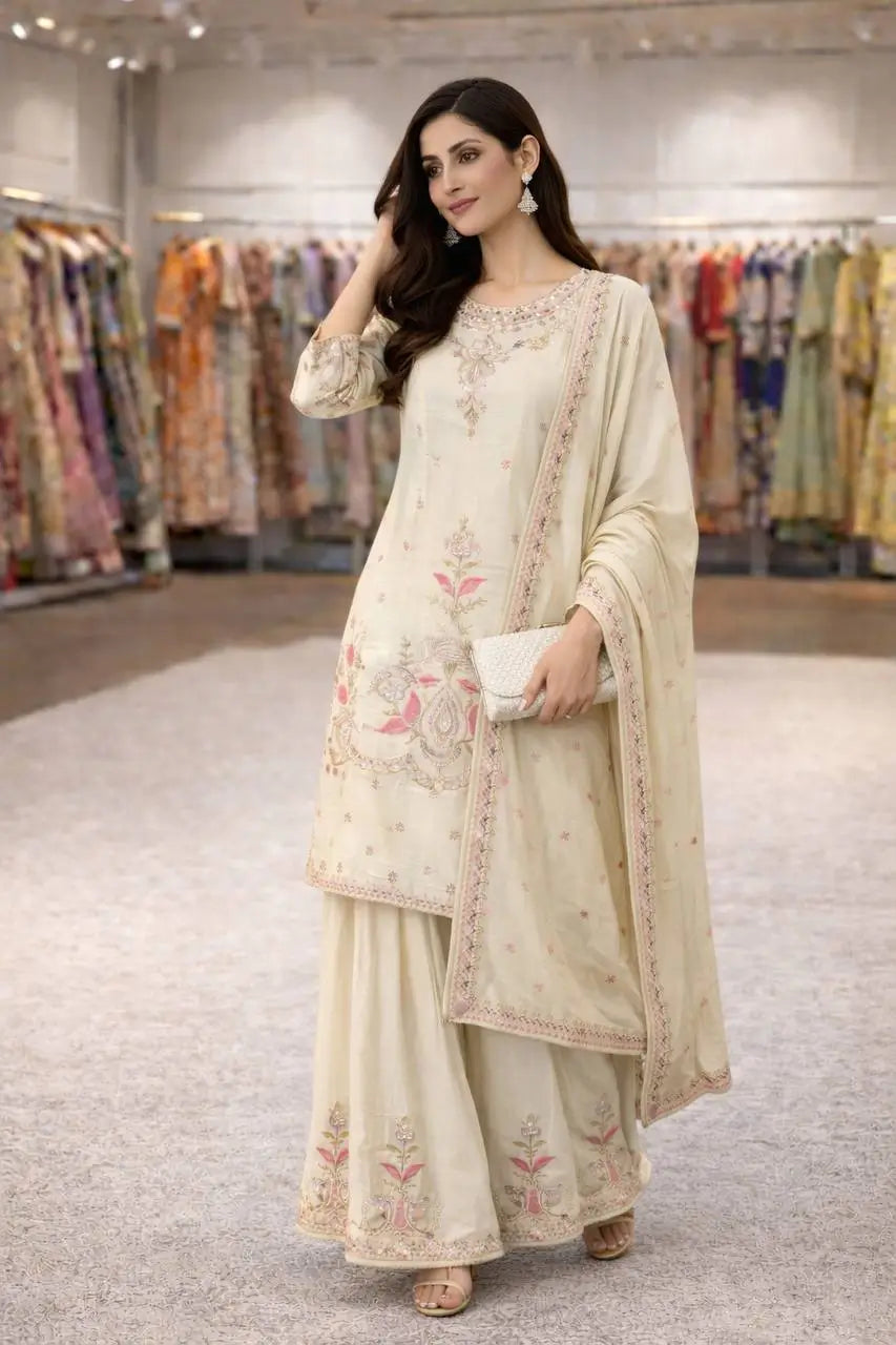 Premium Chinon Silk Embroidered Palazzo Suit Set
