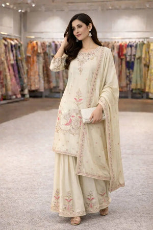 Premium Chinon Silk Embroidered Palazzo Suit Set