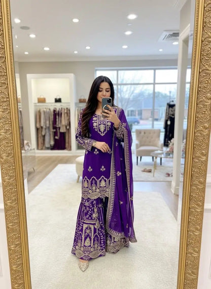 Embroidered Faux Georgette Kurti Palazzo Set With Dupatta