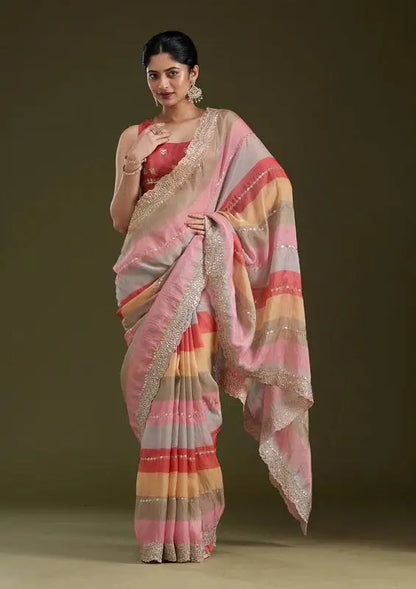 Goldy Silk Printed Saree with Zari & Sequins Embroidery