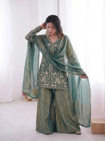 Elegant Fendy Silk Sharara Suit with Zarkan Work for Festive and Wedding Wear