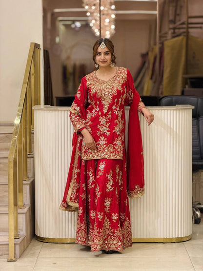 Sequin Embroidered Georgette Palazzo Suit