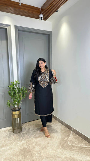 Black Roman Silk Embroidered Kurta Pant Set