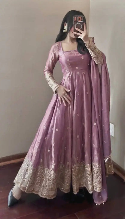 Royal Rani Satin Silk Embroidered Gown Set for Wedding and Festive Wear