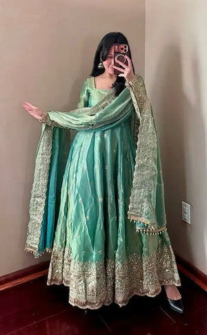 Royal Rani Satin Silk Embroidered Gown Set for Wedding and Festive Wear