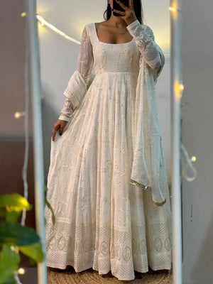 Off White Georgette Anarkali Gown Set for Wedding and Festive Wear